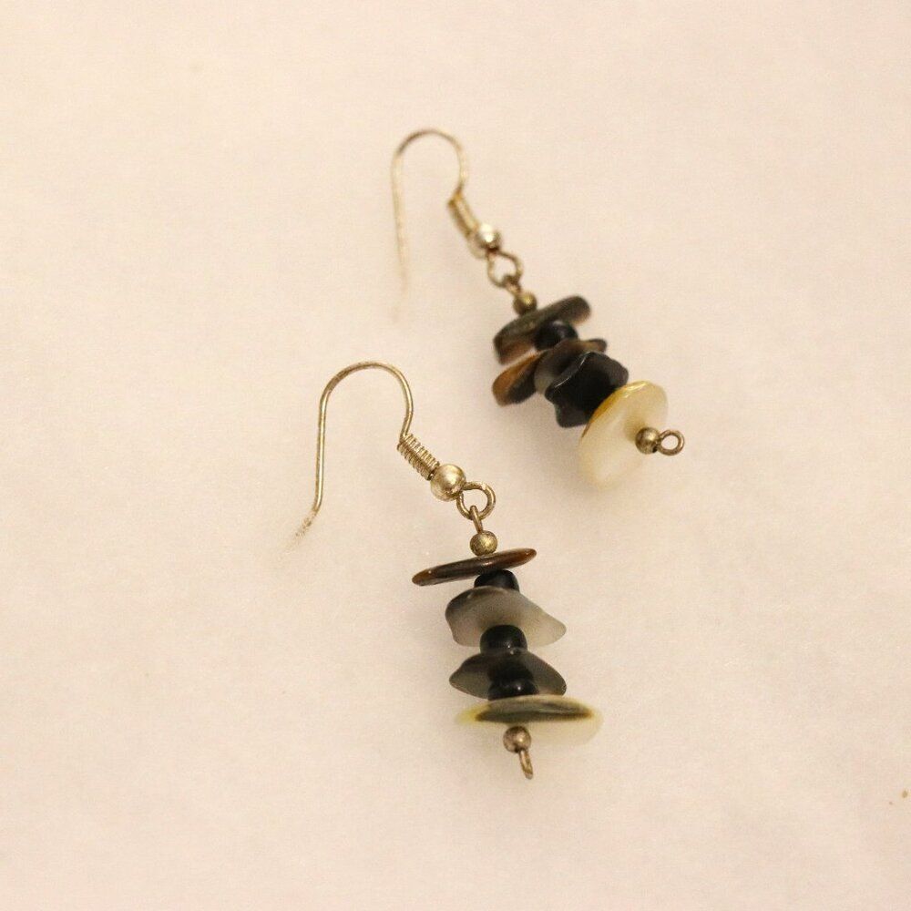 Black Tan and cream shell and rock shard stacked drop dangle earrings, beaded